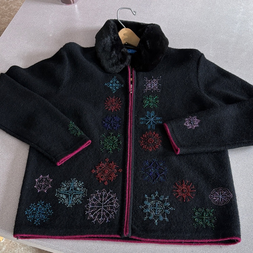 Karen Scott Black Cardigan with Multicolor Snowflake Embroidery/beads